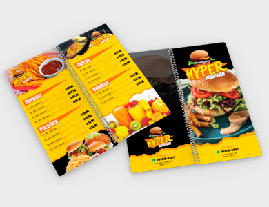 Cardápio Espiral com 4 Páginas em PVC 0,5mm Fosco Frente e Verso 13,7x29,4cm - 4x4 - 10 unid